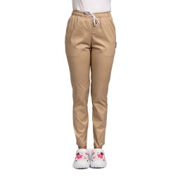 Pantaloni medicali crem cu elastan, model dama, cu snur si doua buzunare laterale