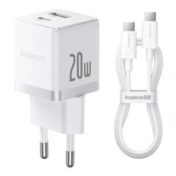 Incarcator retea Baseus Palm, Quick Charge 20W, 1 x USB, 1 x USB Type-C 5V/3.0A, include cablu USB Type-C la USB Type-C 1m, alb