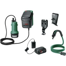 Pompa submersibila apa curata/de ploaie pe acumulator Bosch GardenPump, 18 V, 2.5 Ah, 2000 l/h debit maxim, 30 min timp maxim functionare, 2.5 m lungime furtun, ghidaj furtun, accesoriu prindere rezervor/perete, acumulator, incarcator, Verde-Negru
