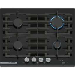 Plita incorporabila Bosch PRP6A6H40, gaz, 4 arzatoare, Flame select, Gratar fonta, Touch control & mecanic, Smart Hood Automatic, Home Connect, 60 cm, Sticla neagra