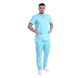 Costum medical menta cu elastan, barbati, bluza cu anchior in forma V si pantaloni cu snur
