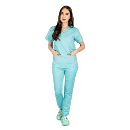Costum medical menta cu elastan, dama, bluza cu anchior in forma V si pantaloni cu snur
