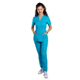 Costum medical turcoaz cu elastan, bluza tip kimono si pantaloni cu snur in talie