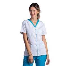 Halat medical cu elastan alb cu paspol turcoaz, capse si trei buzunare aplicate