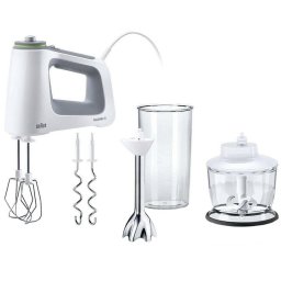 Mixer 750 W, 9 viteze + Turbo, Pahar gradat 0.6L, Tocator 0.5l, Picior pasator inox, 2 palete, 2 carlige, Alb/Gri