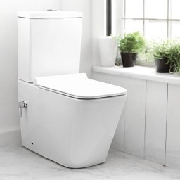 Set vas WC cu functie bideu DuoComfort, Back-To-Wall, Rimless, Candore TempoLine Square White, capac Duroplast cadere lenta, baterie amestec,