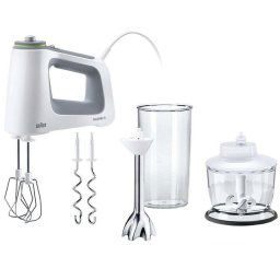 Mixer 750 W, 9 viteze + Turbo, Pahar gradat 0.6L, Tocator 0.5l, Picior pasator inox, 2 palete, 2 carlige, Alb/Gri