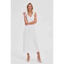 Marisse White Midi Dress With Ruffles On The Neckline