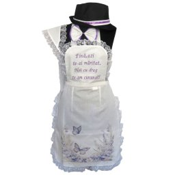 Set dezgatit mireasa 4 piese, model alb cu flori mov Personalizat, palarie neagra si bentita - ODIS406002