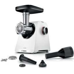 Masina de tocat carne BOSCH Serie 6 MultiPower MFWS607W, Varf 2100W, Nominala 500W, proceseaza 3.5kg/min, Carnati, Kebbe, Cutit cu doua taisuri, Picioruse ventuze, Alb