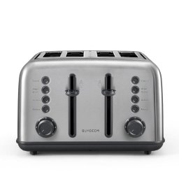 Toaster retro Buydeem cu 4 felii, fante foarte largi, otel inoxidabil, functie bagel si briosa, tava pentru firimituri detasabila, 7 setari de nuante de paine prajita, Argintiu