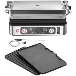 Gratar electric Braun MultiGrill 9 Pro CG9160, 2200 W, 3 moduri de gatire, 2 zone de gatit, 3 programe automate, sonda termica, 1 set placi detasabile, deschidere 180°, functie Sear, tava scurgere detasabila, argintiu