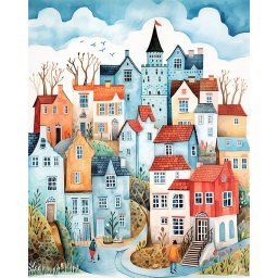 Set pictura pe numere, cu sasiu, Orasel incantator bleu, 40x50 cm