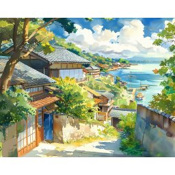 Set pictura pe numere, cu sasiu, Oras de coasta in Japonia, 40x50 cm