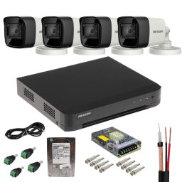 Sistem supraveghere analog Hikvision, 4 camere 8MP, lentila 2.8mm, IR 30m, DVR 4 canale, 8MP, AcuSense, Hard disk 500GB, Accesorii incluse