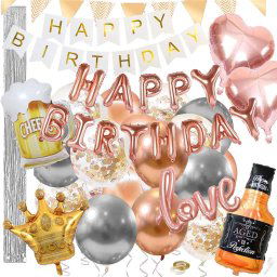 Set 48 baloane si decoratiuni, Happy Birthday, argintiu, roz Household NewTrend