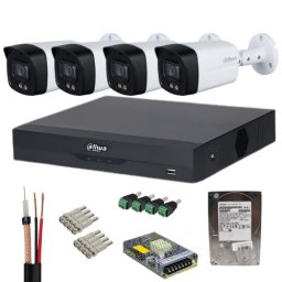 Sistem supraveghere Dahua 4 camere Full-Color 5MP, lentila 3.6mm, lumina alba 40m, microfon, DVR 4K Penta-brid, WizSense, 8 canale IP, HDD 1TB, accesorii