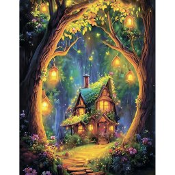 Set goblen cu diamante, cu sasiu, Coliba din taramul viselor, 50x65 cm