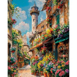 Set goblen cu diamante, cu sasiu, Strada infloritoare, 40x50 cm