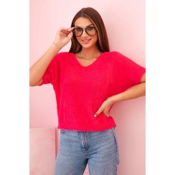 Kesi Włoski Women's sweater made of soft fluff with a V-neck short sleeves fuchsia