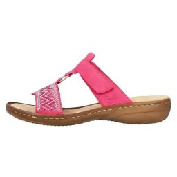 Papuci dama, fuchsia, din piele ecologica, cu talpa joasa si aplicatii decorative, Rieker 60898-31-Fuchsia (Marime: 38)