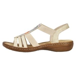 Sandale dama, bej, casual, din material sintetic, cu talpa joasa si benzi elastice, imprimeu floral, Rieker 60808-60-Bej (Marime: 37)