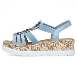 Sandale dama, albastru deschis, casual, din piele ecologica, cu platforma si aplicatii cu margele, Rieker V39G9-10-Albastru-Deschis (Marime: 36)