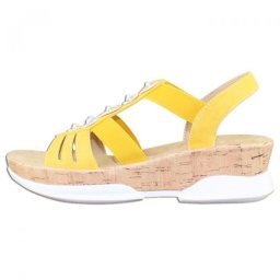 Sandale dama, galben, casual, din piele ecologica, cu talpa joasa si aplicatii cu margele, Rieker V7771-68-Galben (Marime: 38)