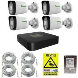 Sistem supraveghere IP Tiandy 4 camere 2MP IR 30m Microfon PoE, NVR 4 canale PoE 5MP, cabluri, HDD 500GB + Autocolant Rovision