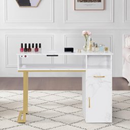 MANIAU202 - Masuta manichiura, 110 cm, cu aspirator incorporat, masa cosmetica - Alb - Imitatie de marmura - Auriu