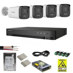 Sistem Supraveghere Analog Hikvision 4 Camere 3K Ultra HD, Dual Light 40m, Audio, DVR 4 Canale 3K lite 5MP, 1xSata, Functii inteligente, accesorii montaj