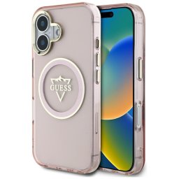 Husa Husa pentru iPhone 16 - Guess IML Metal Mountain Logo MagSafe (GUHMP16SHFGTMSLSP) - Pink