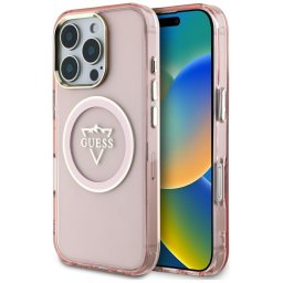 Husa Husa pentru iPhone 16 Pro Max - Guess IML Metal Mountain Logo MagSafe (GUHMP16XHFGTMSLSP) - Pink