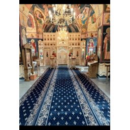 MOSTRA Traversa Bisericeasca Lotos 15033-810, Latime 0.6m, Marime max 50 x 50 cm, Albastru, Inaltime Fir 8 mm, Festonata Surfilata Tivita, Antialergica, Polipropilena, Manastire, Biserica, Altar,