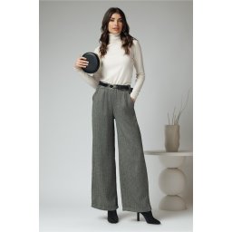 Pantaloni smart casual din stofa gri cu strasuri si curea in talie