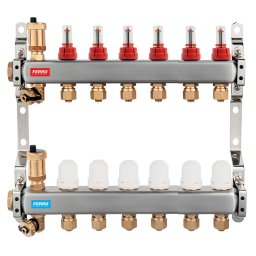 Distribuitor/colector 1" din inox 6 circuite cu debitmetre si robineti termostatati