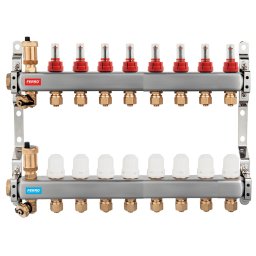 Distribuitor/colector 1" din inox 8 circuite cu debitmetre si robineti termostatati
