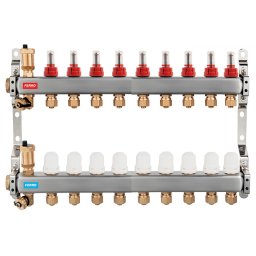 Distribuitor/colector 1" din inox 9 circuite cu debitmetre si robineti termostatati