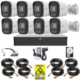 Sistem supraveghere Uniview, 8 camere 5MP, Imagini color noaptea, Lumina Alba 20m, DVR 8 canale 5MP, Accesorii montaj, HDD 1TB, Autocolant Rovision