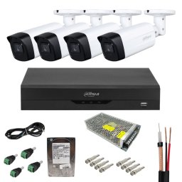 Sistem supraveghere analog Dahua 4 camere 2MP Full HD, IR 80m, SmartIR, cu DVR 4 canale + 6 canale IP, inregistrare 5MP, compresie H.265+, accesorii montaj
