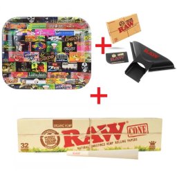 Raw Set Tava de rulat History 34 x 27,5cm + Palnie cu Card + Conuri pre-rulate King Size din canepa organica x32
