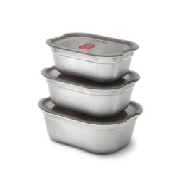 Set 3 cutii alimentare Black+Blum Meal Prep FBSS-BX-PACK1, 0.6/0.9/1.2 l, Dreptunghiular, Rezistent la cuptor, Fara BPA, oțel inoxidabil, gri