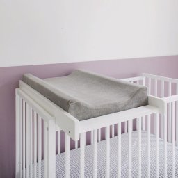 Masa de infasat din lemn, atasabila la patut bebe 120x60 si 140x70 cm, alb, 86 x 51 x 7 cm, inclus saltea din spuma, husa detasabila bumbac, woodies, 40 x 70 cm