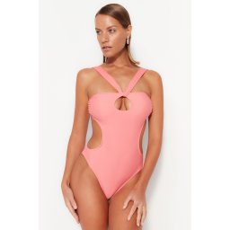 Trendyol Pink Strapless Cut Out/Windowed High Leg Swimsuit
