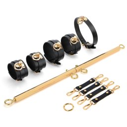 SuperLove Deluxe Metal Spreader Bar with Leather Cuffs, Collar & Hogtie Gold-Black