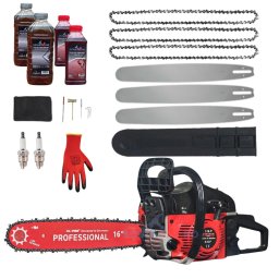 *SUPER Pachet* 8.5cp Drujba benzina + 3 lanturi + 3 lame + x2 ulei ungere lant 1L + x2 ulei amestec 0.5L + x2 bujii + accesorii + manusi protectie, MOTOYAMA JAPAN