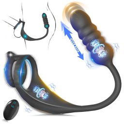SuperLove Dual Vibrating Cock Ring & Thrusting Prostate Massager Anal Lock with Remote Black