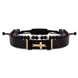 Brățara Double Cross din AUR 14K cu Piele Naturală și Onix