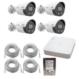 Sistem Supraveghere IP Complet UNV cu 4 Camere IP 4MP ColorHunter, Dual Light, Audio Bidirectional, PoE, NVR 4 Canale + 4 porturi Long PoE, HDD 1TB