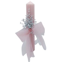Lumânare Nuntă sau Botez, model canelat roz pudră cu decor handmade din mărgele, h40 x Ø6cm - FEIS508006